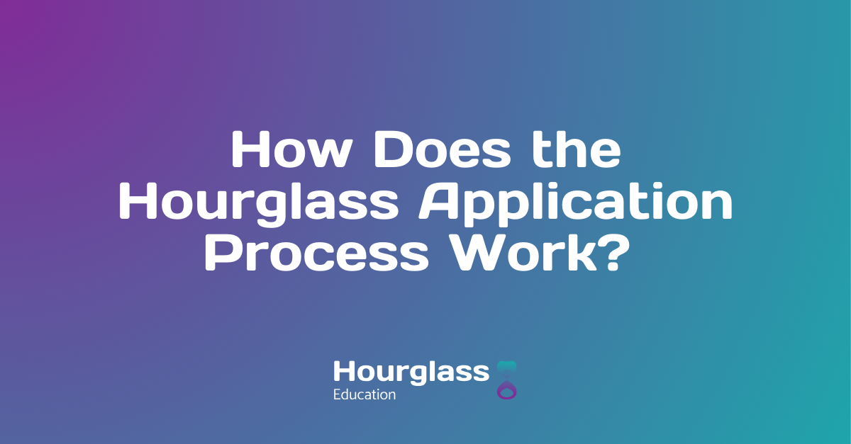 Image with the hourglass branded gradient from purple to blue with text that says 'How Does the Hourglass Application Process Work' in the centre of the image.